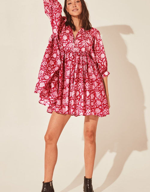 Load image into Gallery viewer, Floral Tie Neck Lantern Sleeve Dress
