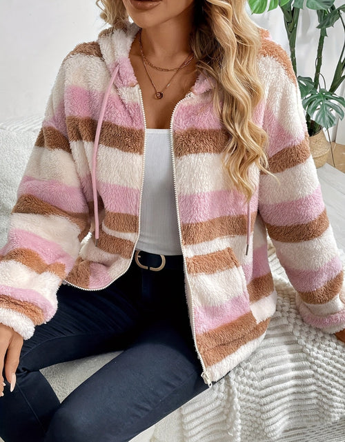 Load image into Gallery viewer, Drawstring Striped Zip Up Hooded Jacket
