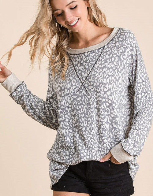 Load image into Gallery viewer, BiBi Leopard Round Neck Long Sleeve T-Shirt
