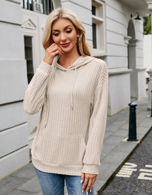 Load image into Gallery viewer, Ribbed Drawstring Long Sleeve Hoodie
