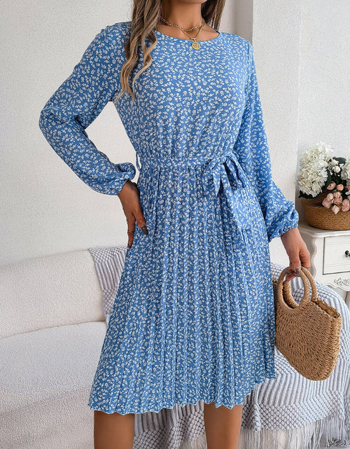 Load image into Gallery viewer, Ditsy Floral Tie Waist Pleated Dress

