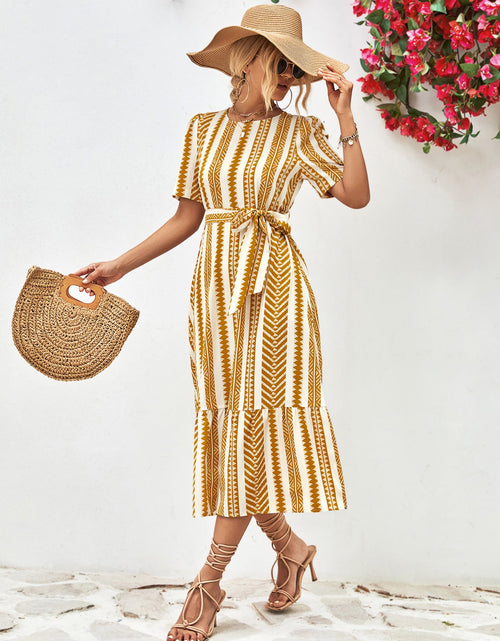 Load image into Gallery viewer, Striped Tie Belt Round Neck Puff Sleeve Dress
