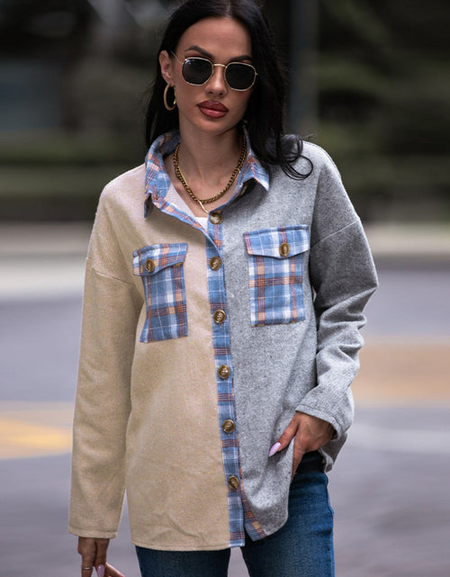 Load image into Gallery viewer, Shiny Plaid Contrast Drop Shoulder Shacket
