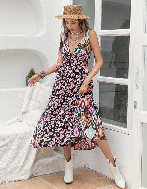 Load image into Gallery viewer, Printed Plunge Sleeveless Midi Dress
