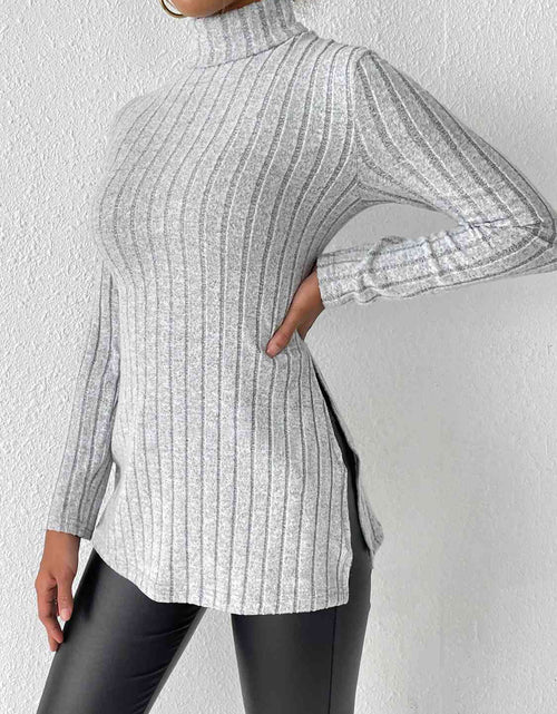Load image into Gallery viewer, Ribbed Turtleneck Long Sleeve Slit T-Shirt
