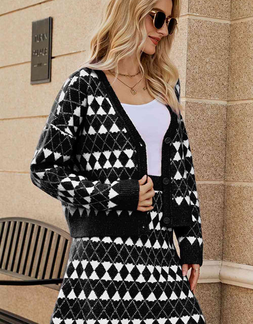 Load image into Gallery viewer, Geometric Dropped Shoulder Cardigan and Knit Skirt Set
