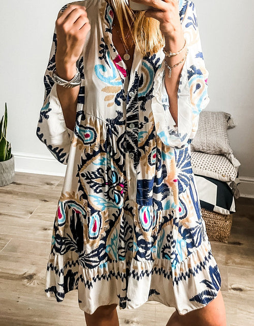 Load image into Gallery viewer, Printed Notched Three-Quarter Sleeve Mini Dress
