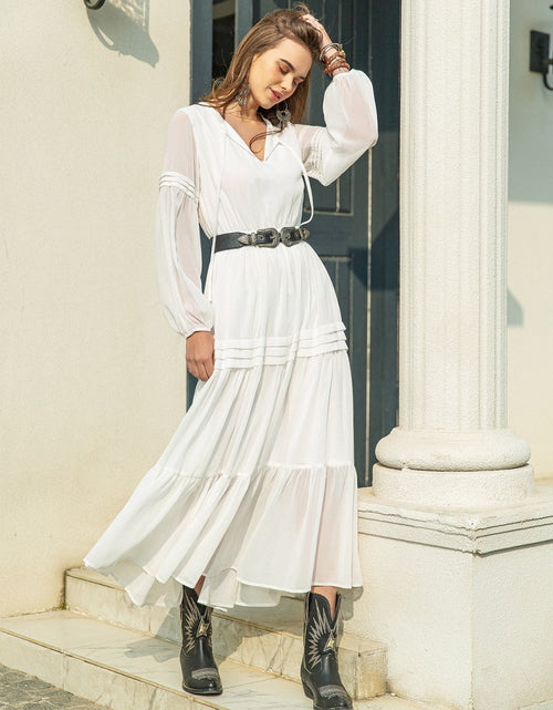 Load image into Gallery viewer, Tie Neck Long Sleeve Midi Tiered Dress
