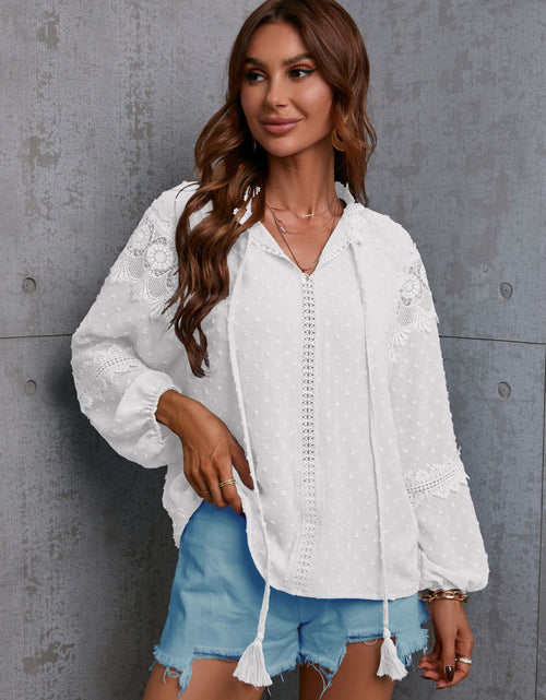 Load image into Gallery viewer, Crochet Tassel Tie Neck Long Sleeve Blouse
