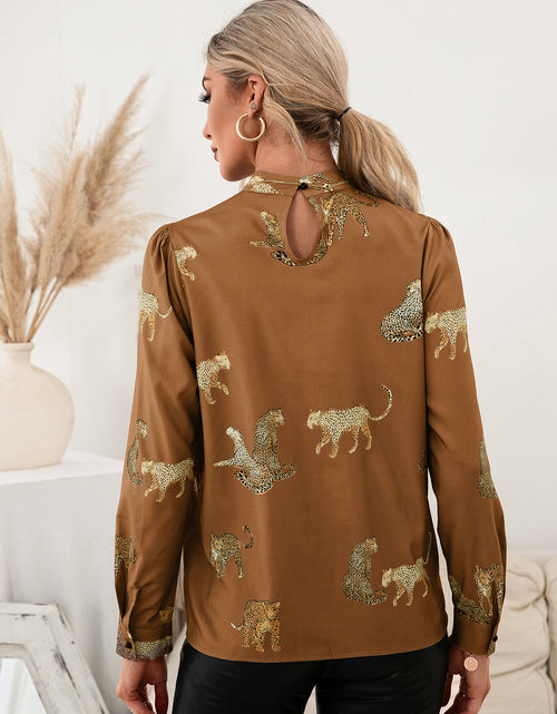 Load image into Gallery viewer, Ivy Lane Leopard Graphic Mock Neck Puff Sleeve Blouse
