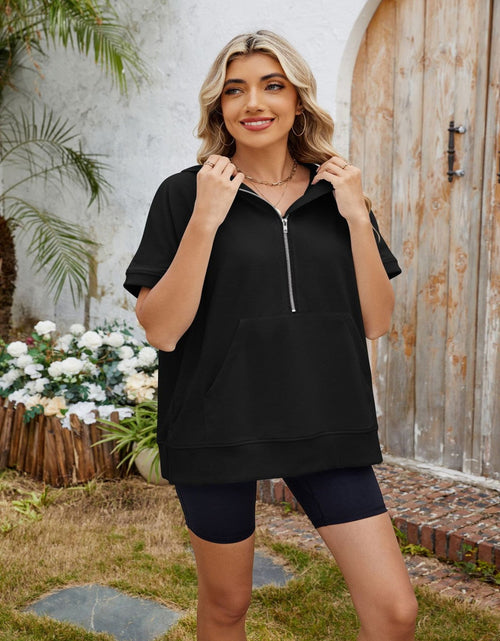 Load image into Gallery viewer, Half Zip Short Sleeve Hooded Top
