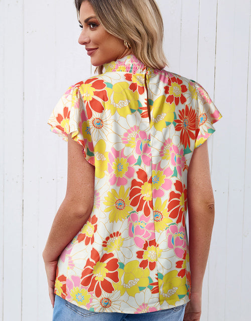 Load image into Gallery viewer, Floral Frill Neck Smocked Flutter Sleeve Blouse

