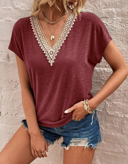 Load image into Gallery viewer, Full Size Lace Detail V-Neck Short Sleeve T-Shirt
