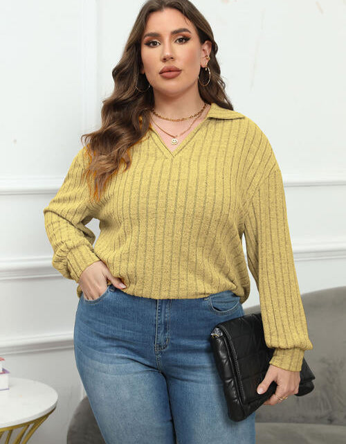Load image into Gallery viewer, Plus Size Ribbed Collared Neck Long Sleeve Blouse

