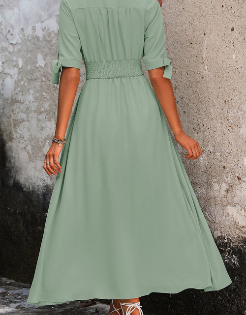 Load image into Gallery viewer, Perfee Smocked Quarter Button Short Sleeve Dress
