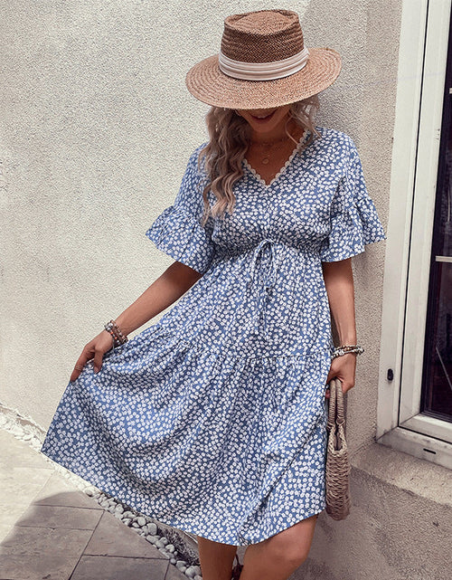 Load image into Gallery viewer, Perfee Floral Flounce Sleeve V-Neck Dress
