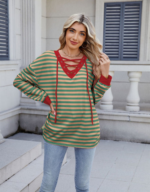 Load image into Gallery viewer, Lace-Up Striped Long Sleeve T-Shirt
