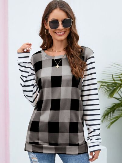 Load image into Gallery viewer, Plaid Striped Round Neck Long Sleeve T-Shirt
