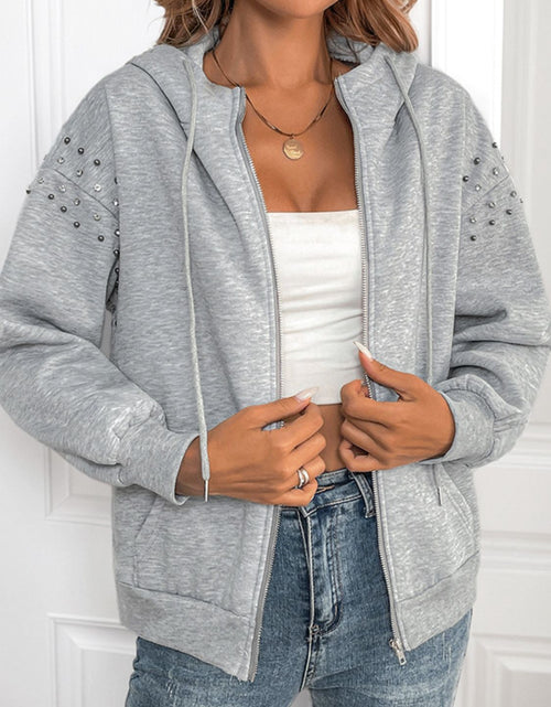 Load image into Gallery viewer, Perfee Rhinestone Zip Up Long Sleeve Hoodie
