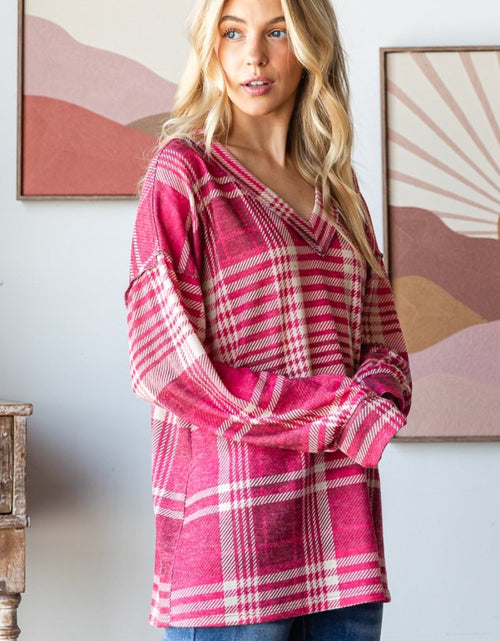 Load image into Gallery viewer, Heimish Plaid Drop Shoulder V-Neck T-Shirt
