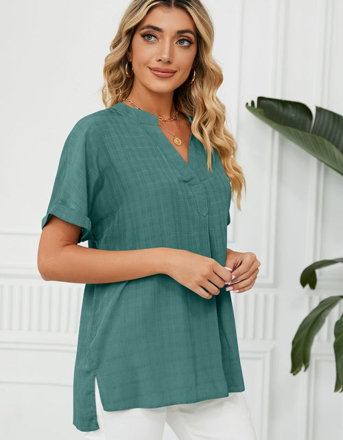Load image into Gallery viewer, Side Slit Notched Neck Cuffed Short Sleeve Blouse
