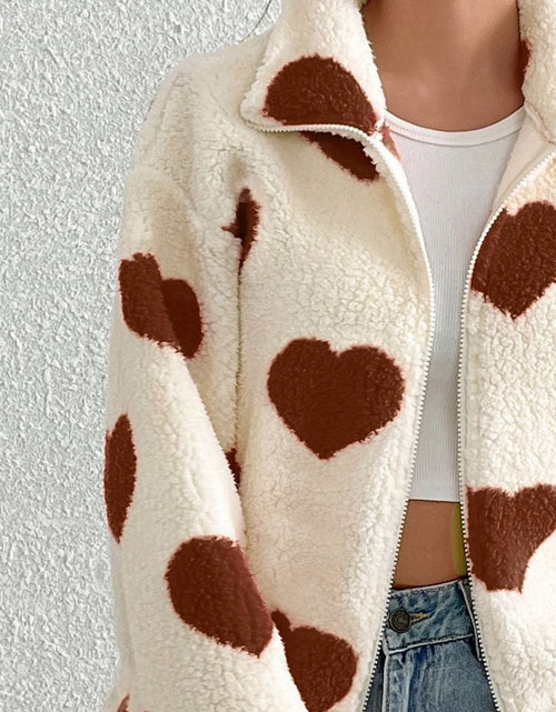 Load image into Gallery viewer, Heart Zip Up Drop Shoulder Furry Jacket
