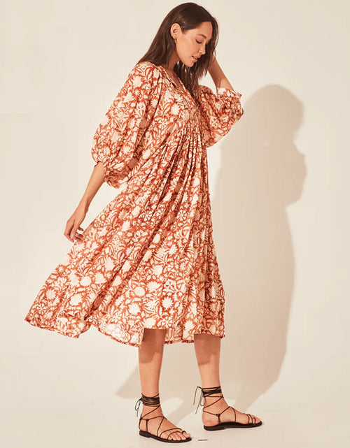 Load image into Gallery viewer, Floral Tie Neck Lantern Sleeve Dress
