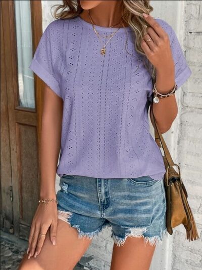 Load image into Gallery viewer, Eyelet Round Neck Short Sleeve T-Shirt
