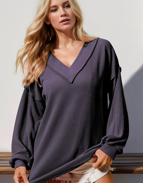 Load image into Gallery viewer, Double Take Exposed Seam Ribbed Textured V-Neck Long Sleeve T-Shirt
