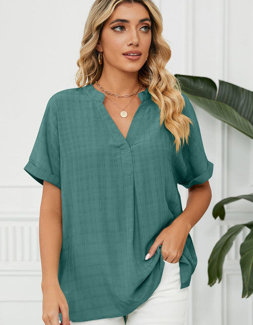 Load image into Gallery viewer, Side Slit Notched Neck Cuffed Short Sleeve Blouse

