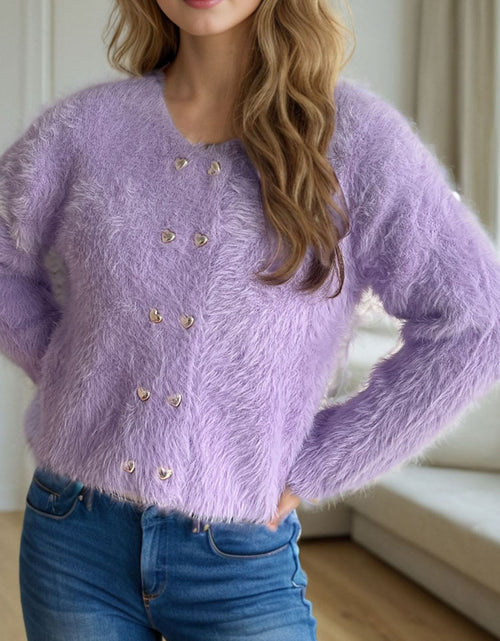 Load image into Gallery viewer, Heart Button Round Neck Cardigan
