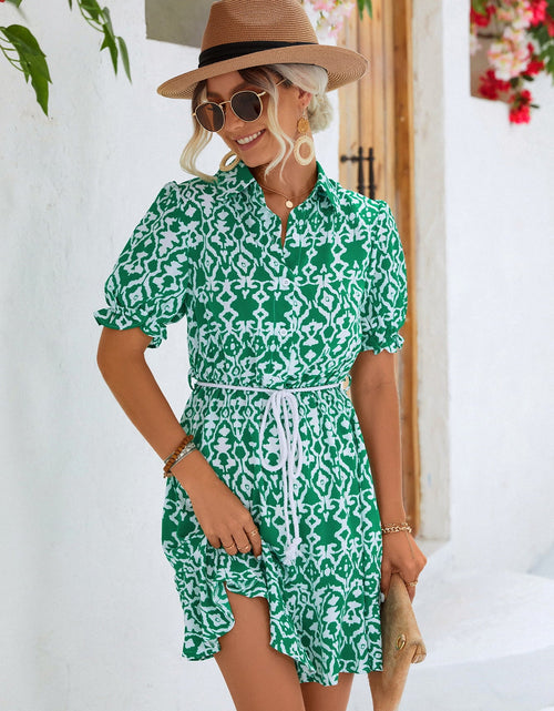 Load image into Gallery viewer, Printed Tie Waist Collared Flounce Sleeve Dress
