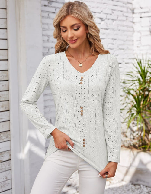 Load image into Gallery viewer, Decorative Button Openwork V-Neck T-Shirt
