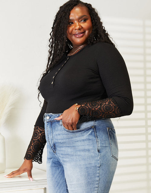 Load image into Gallery viewer, Double Take Crochet Lace Hem Sleeve Button Top

