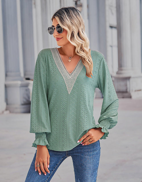 Load image into Gallery viewer, V-Neck Eyelet Flounce Sleeve Blouse
