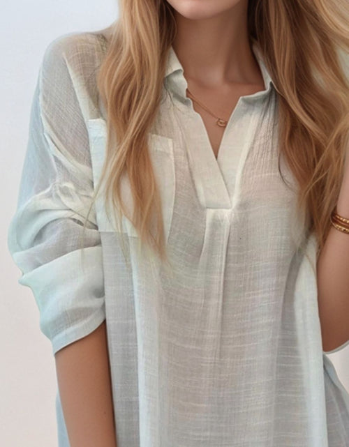 Load image into Gallery viewer, Full Size Side Slit Roll-Tab Sleeve Mini Shirt Dress Plus Size
