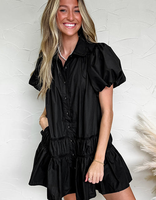 Load image into Gallery viewer, Button Down Puff Sleeve Ruffle Hem Dress
