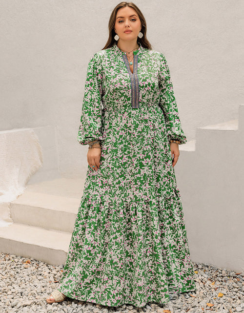 Load image into Gallery viewer, Plus Size Printed Notched Long Sleeve Maxi Dress

