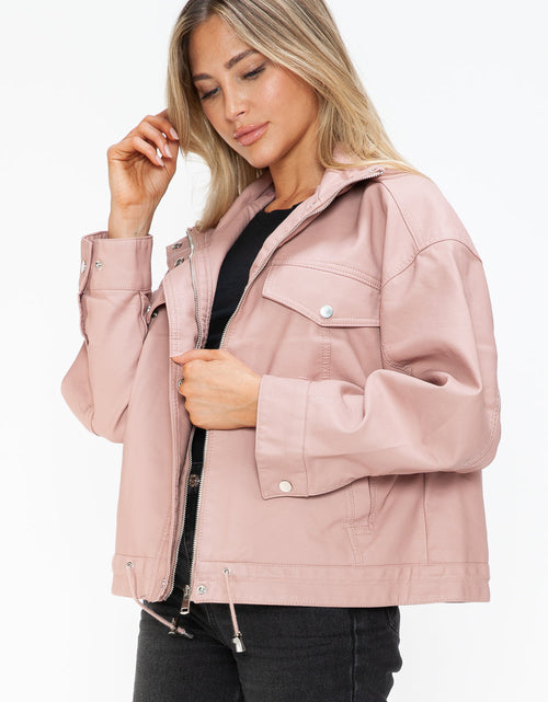 Load image into Gallery viewer, How Dare U Drawstring Hem PU Leather Zip Up Jacket
