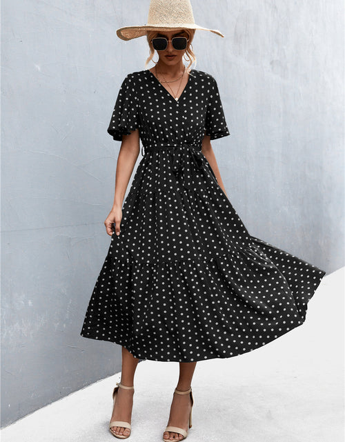 Load image into Gallery viewer, Printed V-Neck Flutter Sleeve Belted Dress
