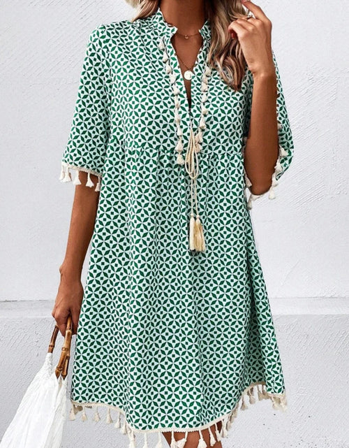 Load image into Gallery viewer, Tassel Printed Notched Half Sleeve Mini Dress
