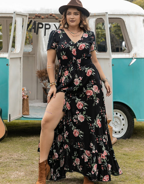 Load image into Gallery viewer, Plus Size Button Detail Printed V-Neck Short Sleeve Maxi Dress
