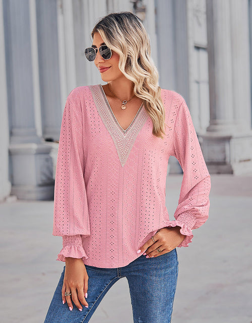 Load image into Gallery viewer, V-Neck Eyelet Flounce Sleeve Blouse

