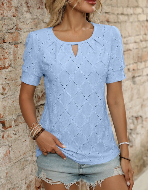 Load image into Gallery viewer, Eyelet Round Neck Short Sleeve Top
