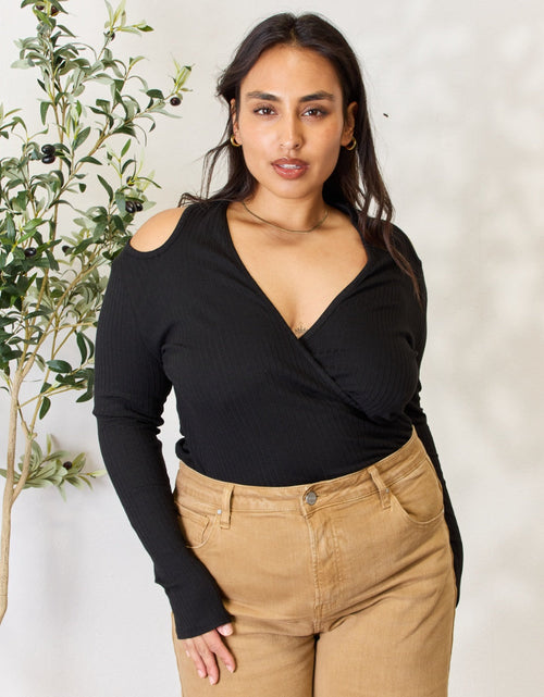 Load image into Gallery viewer, Culture Code Full Size Ribbed Surplice Cold Shoulder Top
