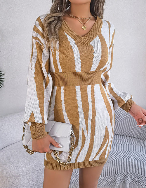 Load image into Gallery viewer, Animal Print V-Neck Long Sleeve Sweater Dress

