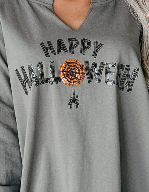 Load image into Gallery viewer, Sequin Letter Graphic Notched Long Sleeve Sweatshirt
