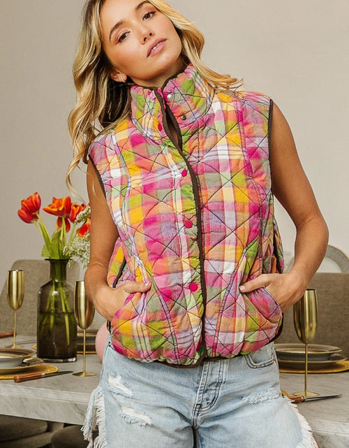 Load image into Gallery viewer, BiBi Quilted Washed Plaid Snap Down Vest
