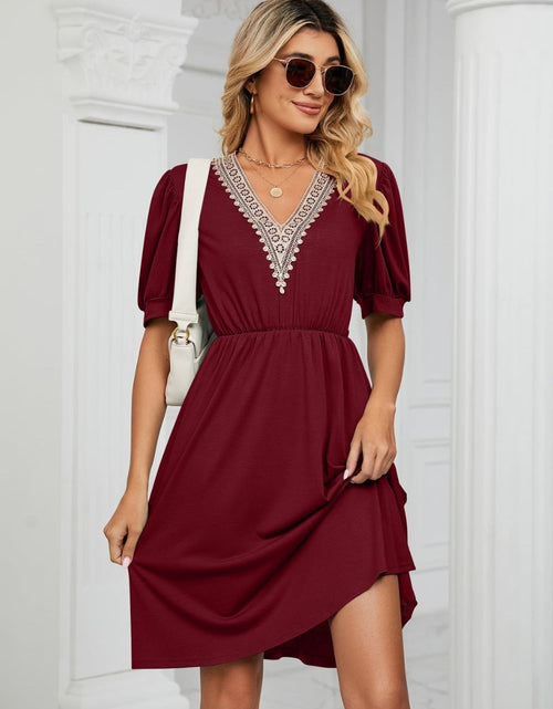 Load image into Gallery viewer, Contrast V-Neck Puff Sleeve Pocket Dress
