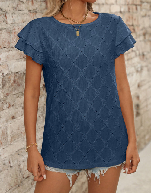 Load image into Gallery viewer, Eyelet Round Neck Double Layered Ruffled Short Sleeve Top
